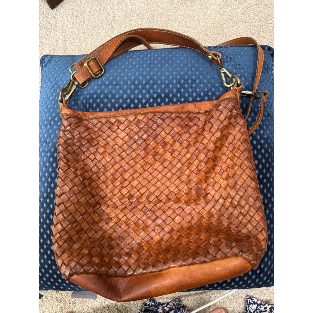 Sundance Woven Leather Crossbody Bag Cognac Brown Made in Italy Hobo‎